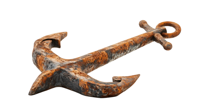 Close up shot of an old rusted anchor with  in a studio setting for marine concept isolated on transparent background