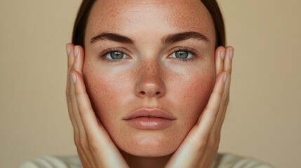 skincare model posing with her hands on her face against a beige background, taken with professional studio photography