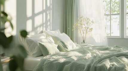 A big comfortable bed with pale sage green and white linen, pillows and blanket in a woman's bright bedroom interior with windows. Real photo. illustration , no logos, no brands