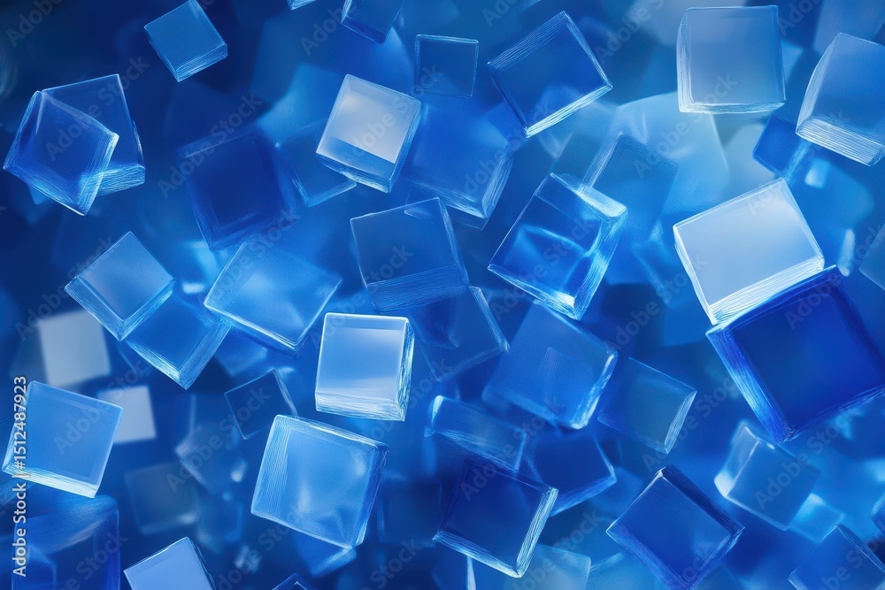 Poster floating blue geometric squares create an abstract digital design, showcasing layers and depth in a 
