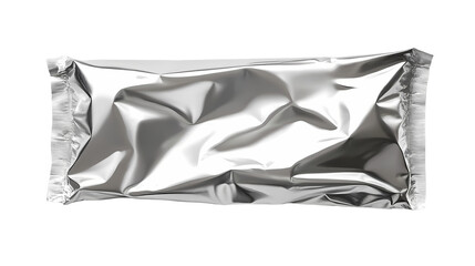 A shiny silver foil pouch with crimped edges  in  setting isolated on transparent background