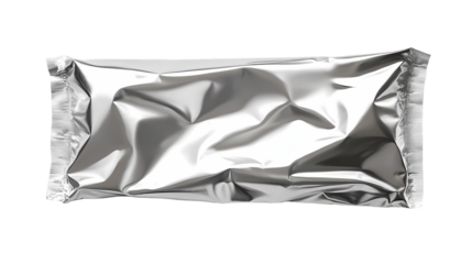 A shiny silver foil pouch with crimped edges  in  setting isolated on transparent background