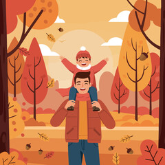 Fototapeta premium Father carrying happy child on shoulders in autumn forest with falling leaves and acorns 