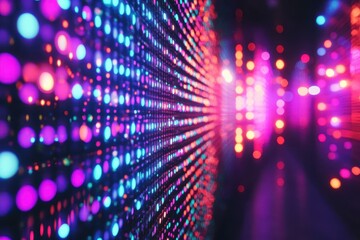 Colorful LED lights illuminate a defocused background creating a vibrant atmosphere, Defocused background with colorful LED lights at the nightclub