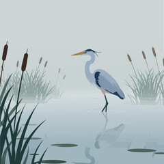 Great blue heron standing in misty swamp with cattails and lilies vector illustration 