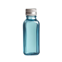 Fototapeta premium A clear blue glass bottle with a silver cap filled with liquid on a plain studio shot isolated on transparent background