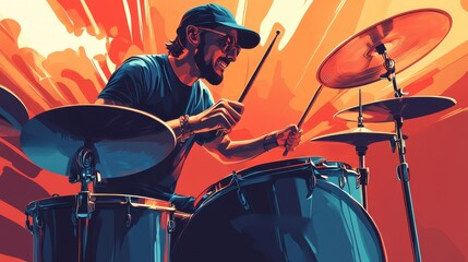 Fototapeta premium music, people, musical instruments and entertainment concept - male musician playing drums and cymbals at concert or studio illustration , no logos, no brands