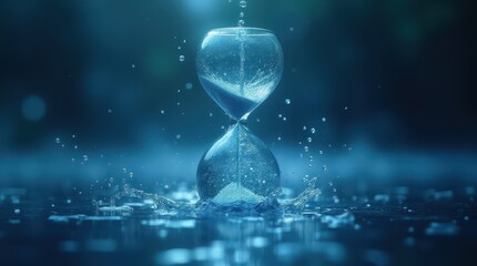 Surreal digital illustration of water hourglass with flowing droplets, artistic hyper-realistic style with deep blue atmospheric background

