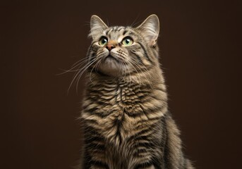 Fototapeta premium Portrait of a tabby cat looking up on brown background