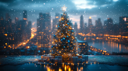 Fototapeta premium Decorated Christmas tree glowing with lights and gifts in snowy cityscape, symbolizing holiday spirit, celebration, and winter magic at night. 