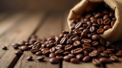Coffee beans spilling from burlap sack on wooden surface, professional macro photography with warm lighting for coffee culture themes

