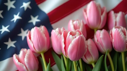 Fresh pink and white tulips arranged on American flag background, professional patriotic floral photography for national holidays

