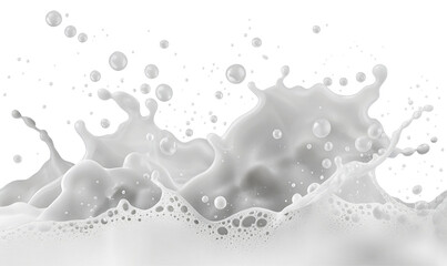 A close up shot of a dynamic milk splash with droplets on a white background in a studio setting
