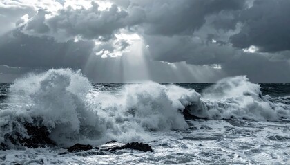 Dramatic stormy ocean waves crashing with sunlight breaking through dark clouds capturing the power of nature and a sense of awe inspiring natural scene