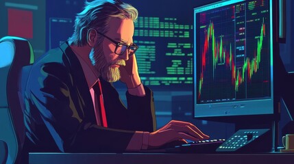 Mature crypto trader investor analyst broker using pc computer analyzing digital cryptocurrency exchange stock market trading graphs report thinking of investing funds risks doing global analysis. il