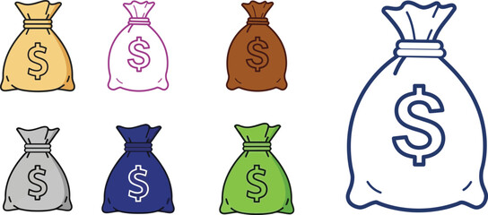 Money Bag Icons Set – Line Art Coin Sack Illustrations on Isolated Background for Finance, Wealth, and Economy Design Projects