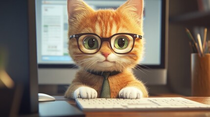 A photograph of an anthropomorphic cat working in an office, wearing glasses and a tie, sitting at a desk with a computer screen behind them. The cat has white paws, a cute expression on their face