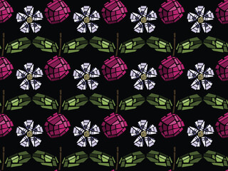 Mosaic cherry blossom . Shiny cracked tiles. Vector illustration.  Sweet summer berry. Seamless pattern.