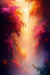 Fototapeta premium Enchanted Forest Path: A mystical forest path is enveloped in vibrant hues of pink, orange, and purple flowers, creating an otherworldly and dreamlike atmosphere. Sunlight filters through the canopy.