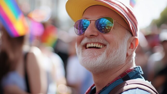 Senior gay man smiling during lgbt pride protest - Focus on face illustration , no logos, no brands