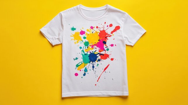 White t-shirt with colorful paint splatters lying flat on a yellow background, creating a vibrant and artistic fashion statement - Powered by Adobe
