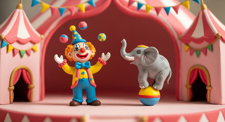 Naklejka premium Playful Circus Clown and Elephant Cake Topper Figurines