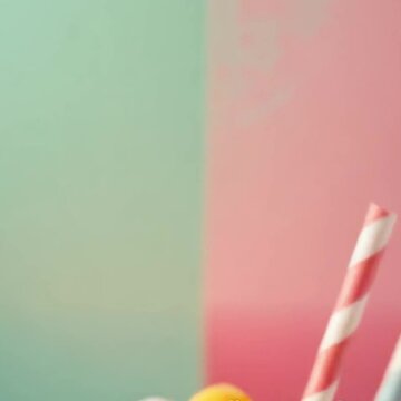 A candy stick served on a pastel colorful surface background.