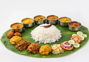 Authentic south indian thali with rice and various curries
