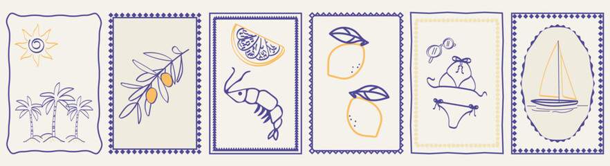 Summer vacation style illustrations in frames. Vector ink hand drawn yachts, lemons, wine and food elements. Stamps for invitations to a beach party or picnic.