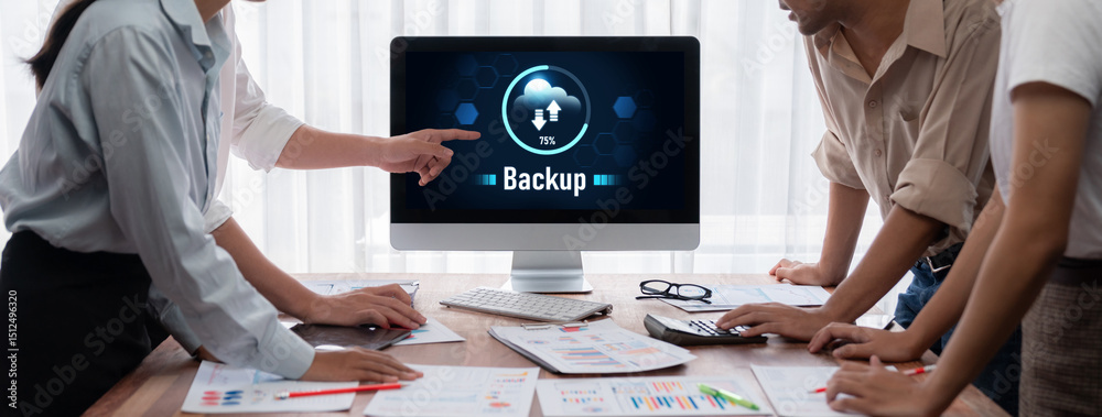 Poster Backup Storage Data Internet Technology Business concept. Database storage cloud technology file data transfer sharing, cyber, big data information, internet banking application download upload brisk