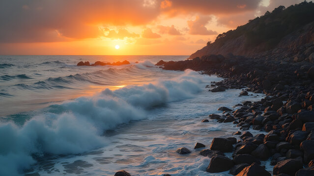 Waves crashing on rocky shore. Stunning sunset over ocean waves. Ultra-realistic seascape photography. Atmospheric nature scenes at dusk.