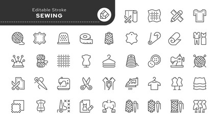 Sewing line icon set.  Handicraft, knitting, sewing, tailor, fabric, threads, sewing machine, needle, pattern, mannequin and more. Outline vector icon in linear style. Pictogram collection	