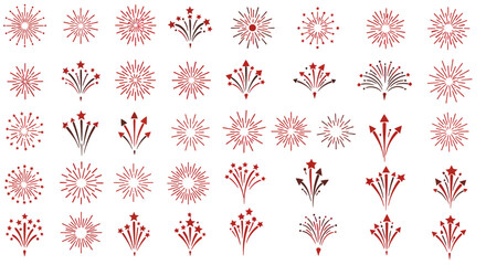 Firework vector set, 36 fireworks designs, starbursts digital clipart for celebration graphics, party icons, festive illustrations, burst patterns, sparkling effects and holiday decoration
