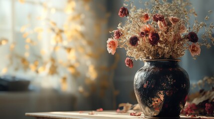 An urn with dried flowers is placed on a table, symbolizing remembrance and mourning.