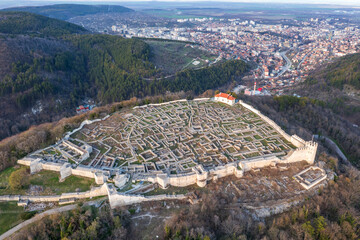 Aerial view ancient fortress from 8th century on top of a hill and city Shumen, BulgariaAerial view ancient fortress from 8th century on top of a hill and city Shumen, Bulgaria