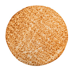 Wheat pancake for pizza on white background. Isolate of pizza dough without ingredients