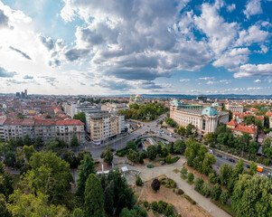 Aerial panorama of the city center and Sofia University "St. Kliment Ohridski", Sofia Bulgaria