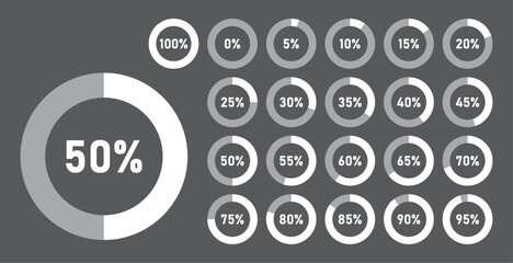 Infographic circle with percentage 0 to 100 loading progress interface in white color vector design. 5 10 15 20 25 30 35 40 45 50 55 60 65 70 75 80 85 90 95 percent loading circle collection.