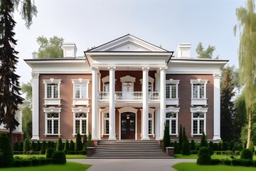 Fototapeta premium Elegant Colonial Style Home with Landscaped Yard Architecture