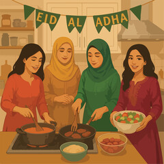 Eid Ul Adha Celeberation, Muslim girls cooking in kitchen