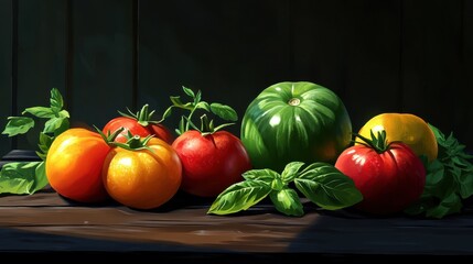 Various types of tomatoes including heirloom and cherry tomatoes with basil leaves on a dark wooden table, high resolution,