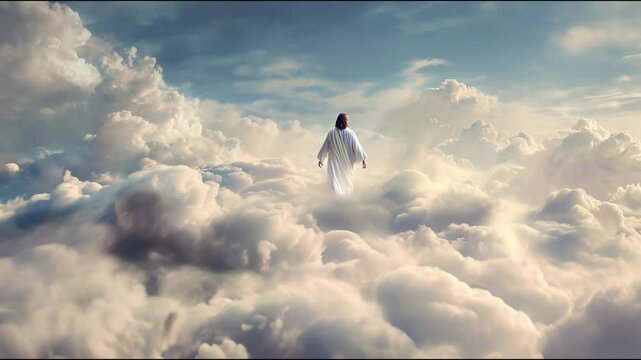 In a serene sky, Jesus Christ rises into heaven, walking through a beautiful expanse of white clouds illuminated by heavenly light. This moment captures a profound spiritual ascent.