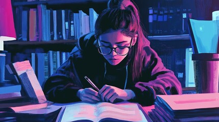 A student pulling an all-nighter, surrounded by study materials and coffee.