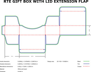 Rte gift box die-cut template with lid extension flap and dimensions