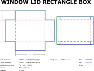 Detailed Window Lid Rectangle Box Packaging Design Template with Technical Dimensions Diagram