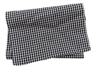 Piece of black torn crumpled checkered fabric on a white background. Textile. Cellular tissue isolate