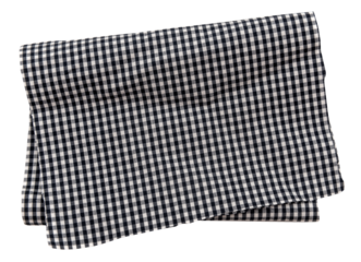 Piece of black torn crumpled checkered fabric on a white background. Textile. Cellular tissue isolate