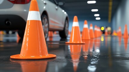 Driving school setup with a car and traffic cones an orange cone designated for driver training at a