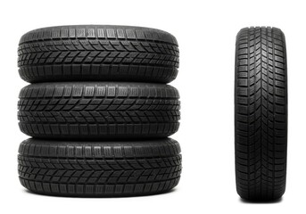 Stack of three winter tires isolated on white background