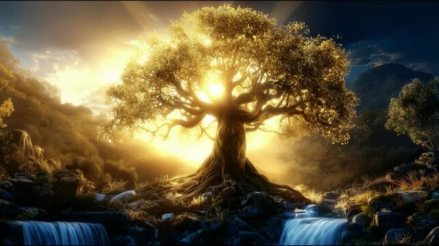 Symbolic tree of life illuminated in Eden representing Christianity and eternal life through Jesus Christ